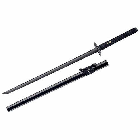 28" Black Damascus Ninja Sword, Straight Plain Tip Steel Blade, Sheath