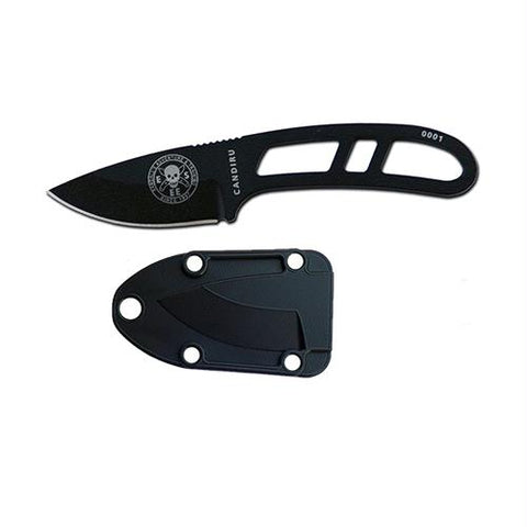 Candiru Fixed Blade Knife, 2" Drop Point, Skeletonized Handle, Black