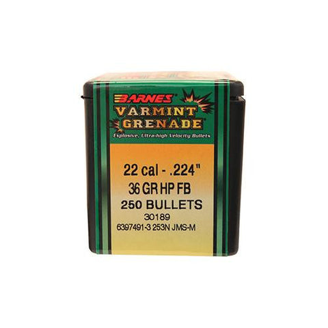 22 Caliber Bullets - Varmint Grenade, 36 Grains, Hollow Point Lead-Free, Per 100
