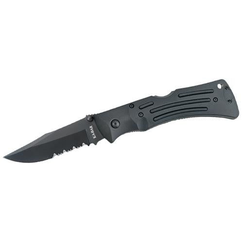 Mule Folder - Black, Polyester Sheath, Serrated Edge (Clam Pack)