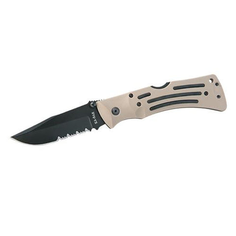 Mule Folder - Deset Tan, Polyester Sheath, Serrated Edge (Clam Pack)