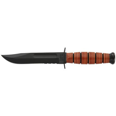 Short Ka-Bar, USMC - 1 1-4" Serrated Edge, Brown Leather Sheath