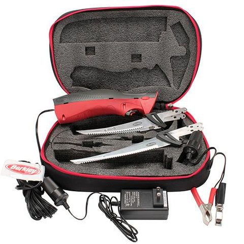 Fillet Knife - Deluxe Electric with Standard-Vehicle Plug-Battery Clips-Case, Red-Black