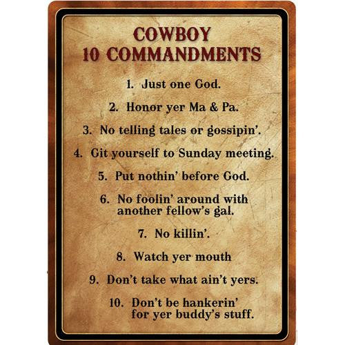 Tin Sign - Warning-Cowboy 10 Commandment, Size 12" x 17"