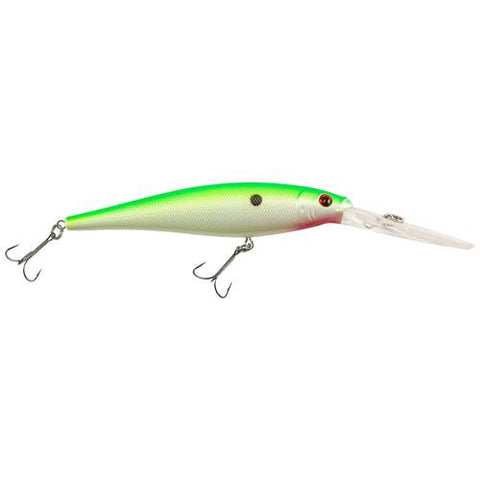 Flicker Minnow Hard Bait - 3 1-2" Length, 18'-23' Swimming Depth, 2 Hooks, Chartreuse Pearl, Per 1