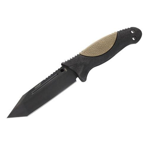 EX-F02 4.50" Fixed Tanto Blade Knife - Black Kote with Rubber OverMolded Handle, Flat Dark Earth, Black Sheath