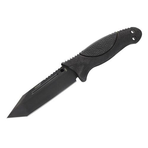 EX-F02 4.50" Fixed Tanto Blade Knife - Black Kote with Rubber OverMolded Handle, Black, Black Sheath