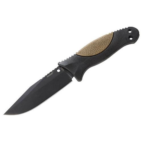 EX-F02 4.50" Fixed Clip Point Blade Knife - Black Kote with Rubber OverMolded Handle, Flat Dark Earth, Black Sheath