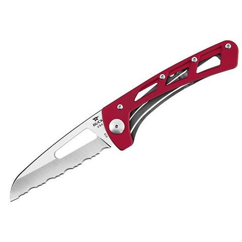 Vertex - 3" Satin 420HC Serrated Blade, Red Aluminum Handle, Boxed