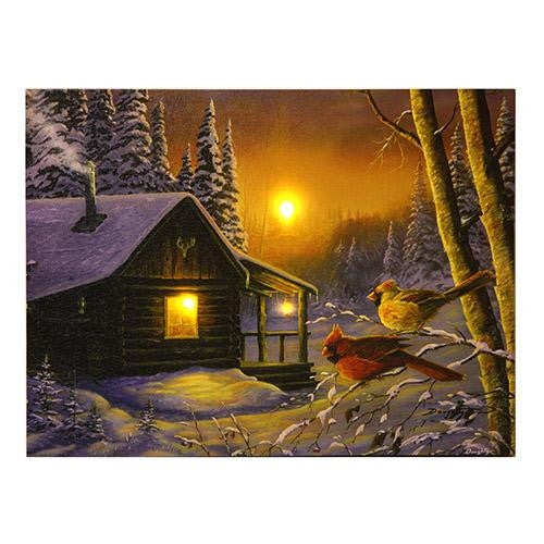 LED Wall Art - Cabin and Cardinals, Size 16" x 12"