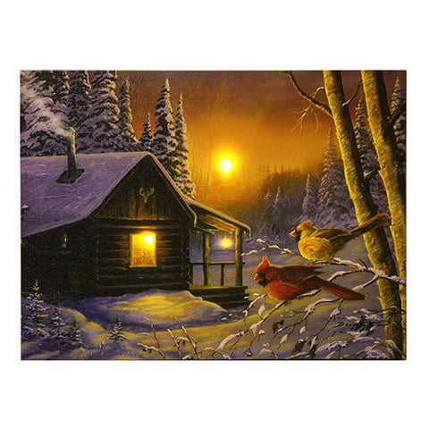 LED Wall Art - Cabin and Cardinals, Size 16" x 12"