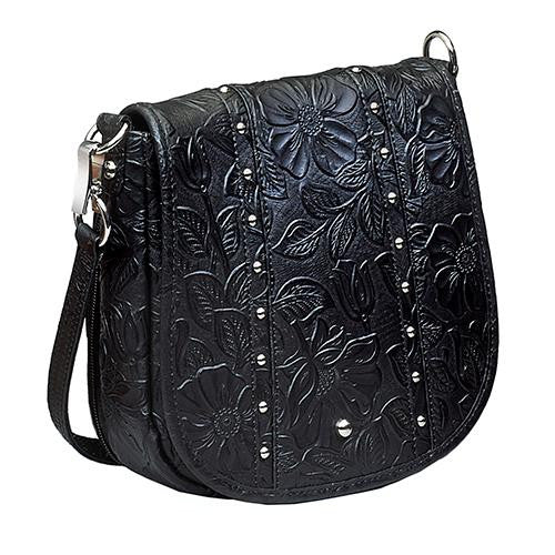 Studded Tooled Cowhide Flap Bag - Black