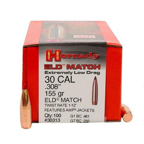 30 Caliber Bullets -  ELD Match, (.308 Diameter), 155 Grains, Boat Tail, Per 100