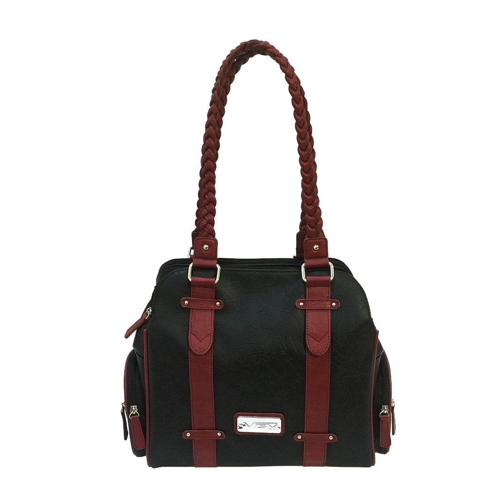 Concealed Carry Braided Shoulder Bag - Black with Burgundy Trim