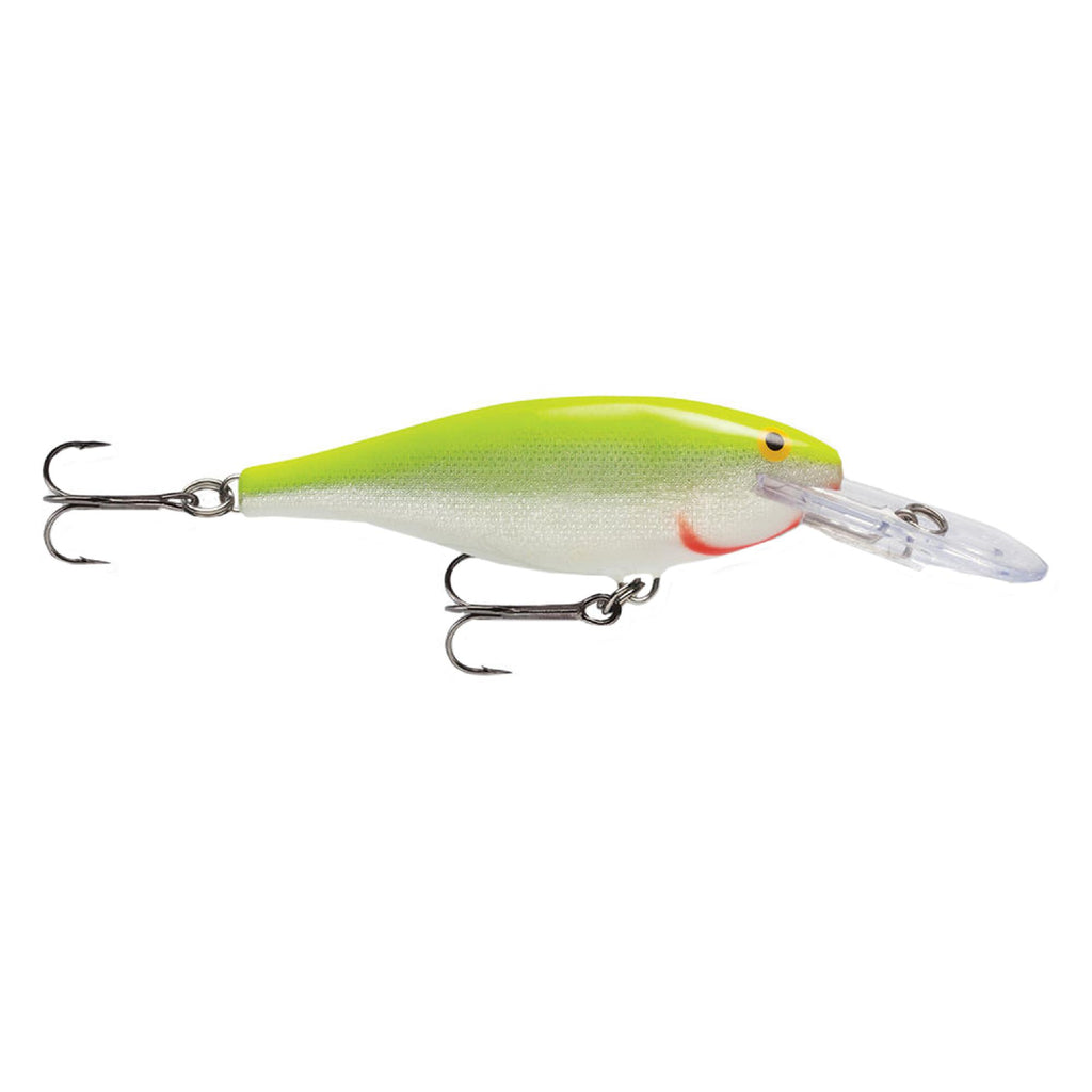 Shad Rap Lure - Size 05, 2" Length, 5'-11' Depth, 2 #6 Treble Hooks, Silver Fluor Chartreuse