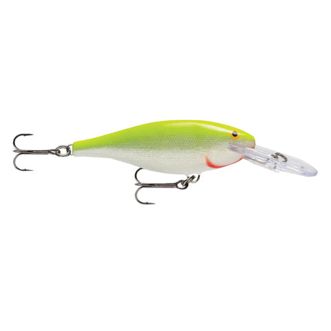 Shad Rap Lure - Size 05, 2" Length, 5'-11' Depth, 2 #6 Treble Hooks, Silver Fluor Chartreuse