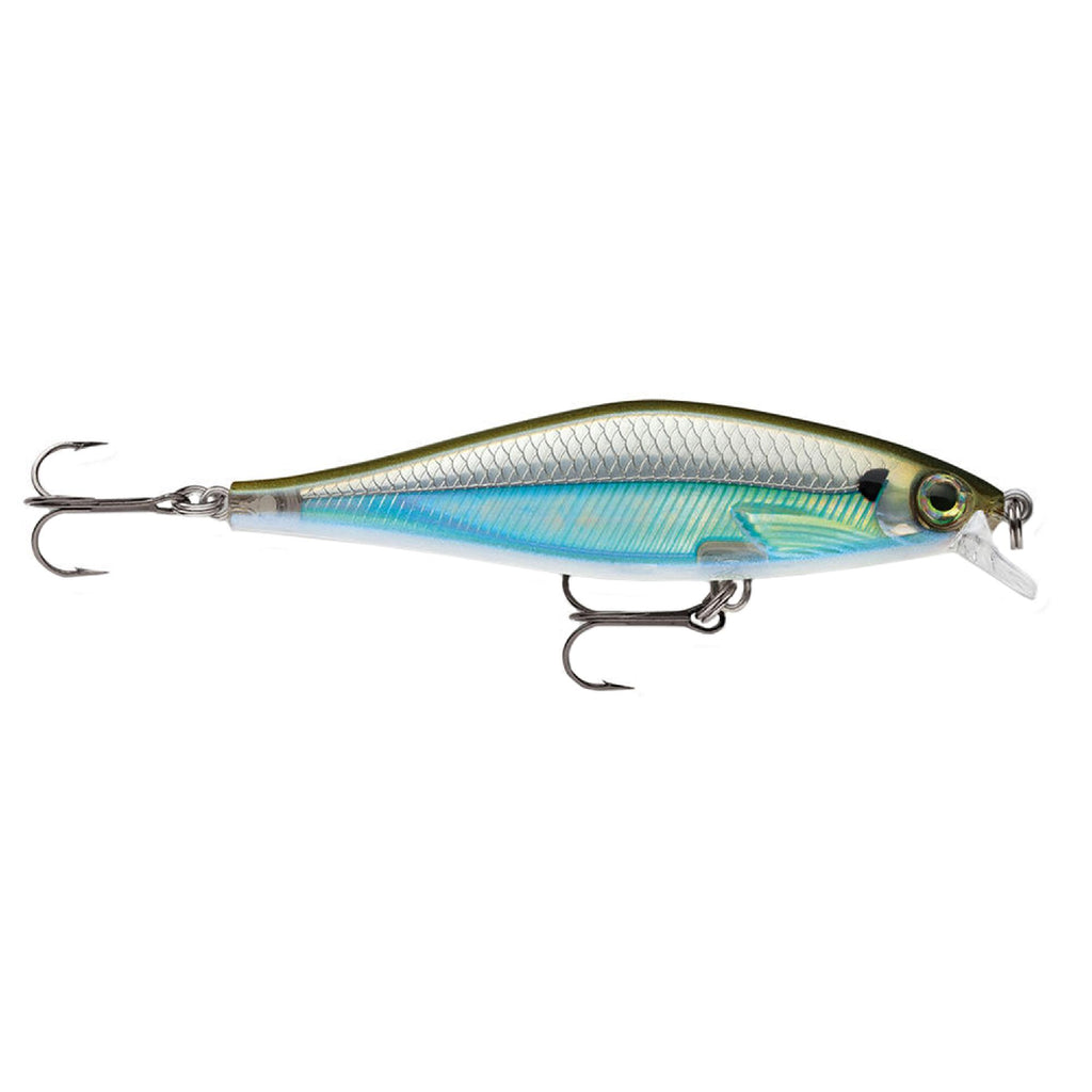 Shadow Rap Shad Lure - Size 09, 3 1-2" Length, 3'4' Depth, 2 No 6 Treble Hooks, Moss Back Shiner, Per 1