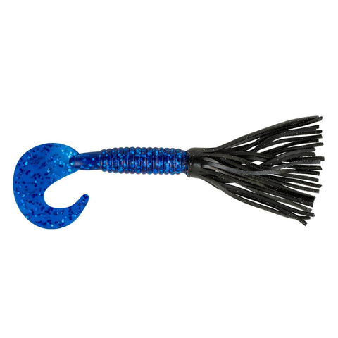 Bearded Single Tail Grub Soft Bait - 3 1-2" Length, Black-Sapphire Blue, Per 6