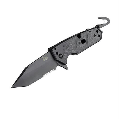 HK Karma 3.75" First Response Tool Folder - Tanto Blade Partially Serrated Flipper Black Finish G10 Scales, Solid Black