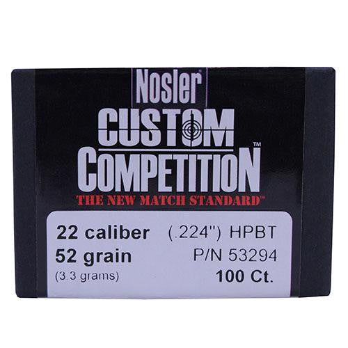 22 Caliber Bullets - Custom Competition, 52 Grains, Hollow Point Boat Tail, Per 100