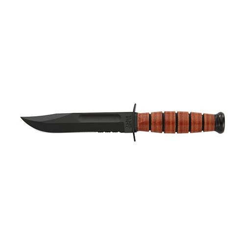 Short Ka-Bar, USMC - 5" Serrated Edge, Brown Leather Sheath (Clam Pack)