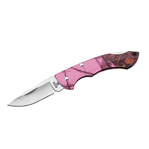 Nano Bantam - 1 7-8" Plain Satin Blade, Mossy Oak Blaze Pink Handle, Boxed