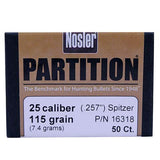 25 Caliber Bullets - Partition, 115 Grains, Spitzer, Per 50