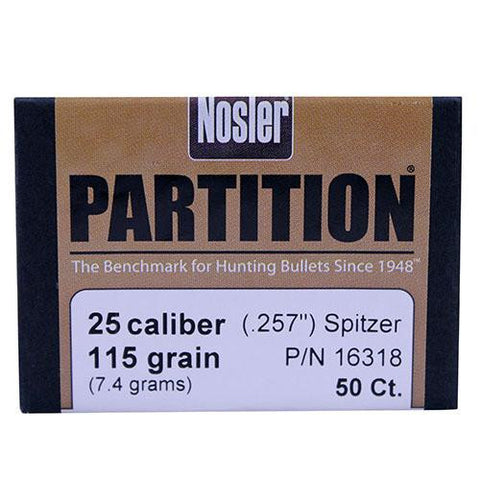 25 Caliber Bullets - Partition, 115 Grains, Spitzer, Per 50